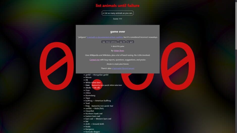 List Animals Until Failure screenshot